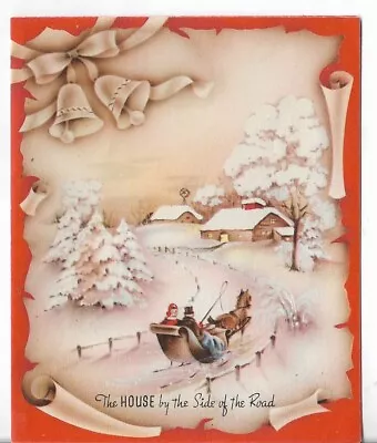 Used Vtg CHRISTMAS CARD-approx 4.5x5.5  House In The Snow Horse & Sleigh Bells • $1.68