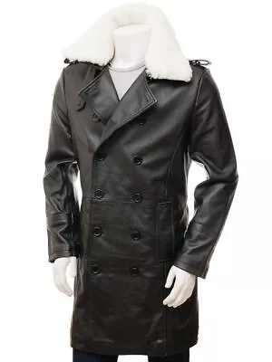 Men's Black Trench Coat Lambskin Real Leather Long Coat Fur Collar All Size's • £182.69