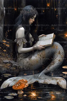 MERMAID Reading BOOK ART PRINT Witchy Siren Poster Cottagecore Artwork D125 • $7.95