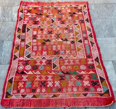 Vintage Handmade Moroccan Pictorial Kilim Traditional Wool Kilim Rug 133x91 Cm • $200