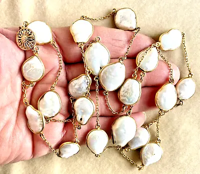 IMPRESSIVE Vintage 37  GOLD-FILLED BEZEL-SET Large BLISTER PEARL Necklace • $69