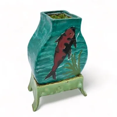 Studio Art Pottery Hand Painted Teal Green Koi Fish Footed Pedestal Vase 7.5” • $32