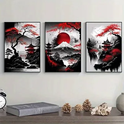 3 Piece JAPANESE LANDSCAPE CANVAS PICTURE UNFRAMED WALL ART • £21