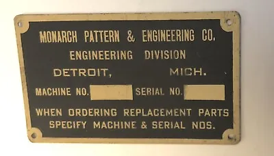 VTG Brass Machine Plate Or Emblem Tag: MONARCH PATTERN & ENGINEERING CO; Detroit • $17.99