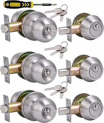 (3Sets) All Keyed Same Entry Door Knob And Single Cylinder Deadbolt Combo Set S • $54.79