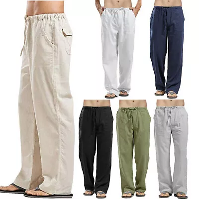 Mens Baggy Linen Trousers Summer Casual Cotton Loose Yoga Hippy Elasticated Pant • £10.29