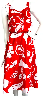 Vintage 70 Dress Fruit Print Fit Flare Scoop Neck Pull-On Sleeveless Aline Red M • £47.55