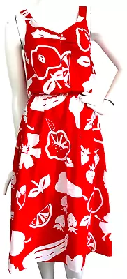 Vintage 70 Dress Fruit Print Fit Flare Scoop Neck Pull-On Sleeveless Aline Red M • £47.55