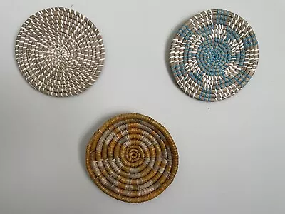 3 Vtg Handwoven Coil Spiral Wicker Bowl Basket Set Seagrass Basket Wall Decor 8” • $45