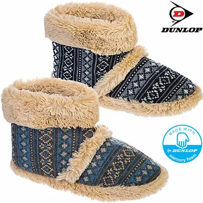 Mens Slippers Dunlop Ankle Fleece Fur Warm Lined Fairisle Memory Foam Boots Shoe • £14.99