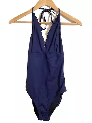 J Crew Navy Blue Scallop Triangle Halter Swimsuit One Piece Small 4/6 No Tag • $24.88