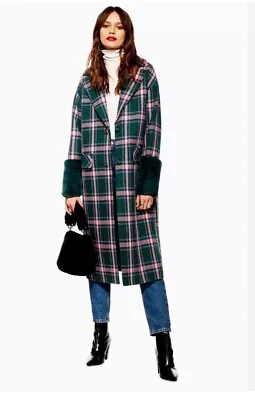 TOP SHOP Check MIDI Green UK8 Coat Faux Fur Sleeves Pink Fashionable E1612 • £29.99
