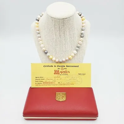 Majorica 18” Strand Multicolor 10mm Pearls Spain Sterling Clasp W COA & Box • $145