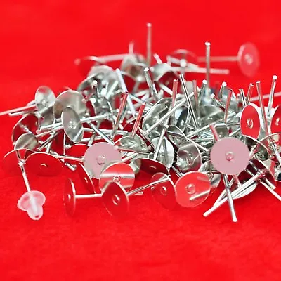 6mm Silver Flat Pad Stud Earring Post With Silicone Earring Back Craft Findings • £2.39