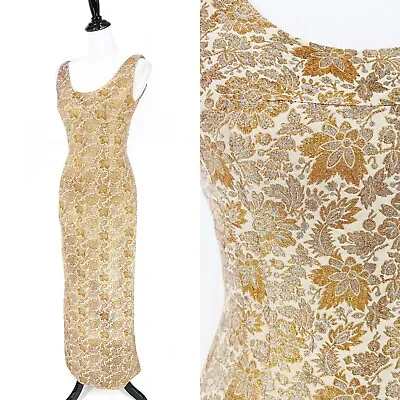 1950s 50s Vintage Gold Silver Metallic Floral Sheath Dress Silk Brocade Couture • $299