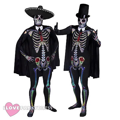 Mens Day Of The Dead Fancy Dress Senor Skeleton Skin Suit Costume Hat And Cape  • £28.79
