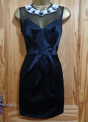 MISS SELFRIDGE Black Stretch Satin Beaded Cocktail Party Dress SIZE 10 • £20