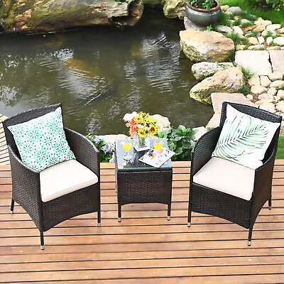 3PCS Rattan Wicker Table Chair Set PE Outdoor Sofa Couch Brown W/ Cushion • $129