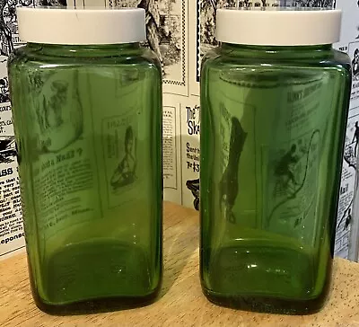 2 Vintage Owens Illinois Emerald Green Glass Dry RX Goods Jars With White Lids • $11.95