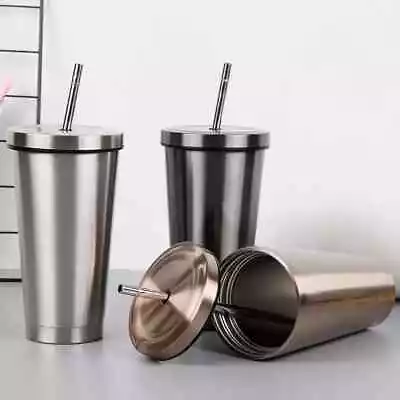 Summer Flask Stainless Steel Coffee Tumbler With Lid And Straw Drinking Mug • £7.99