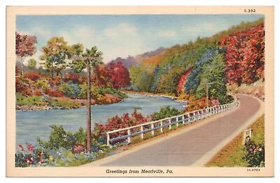 Vintage Greetings From Meadville PA Postcard Fall Scene Along River Linen Unp. • $4.65