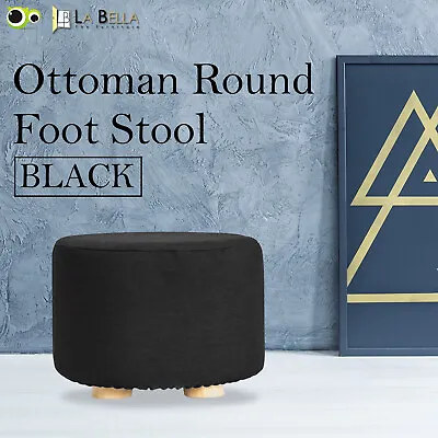 Fabric Ottoman Round Foot Stool Rest Pouffe Wooden Leg Padded Seat - BLACK • $40.90