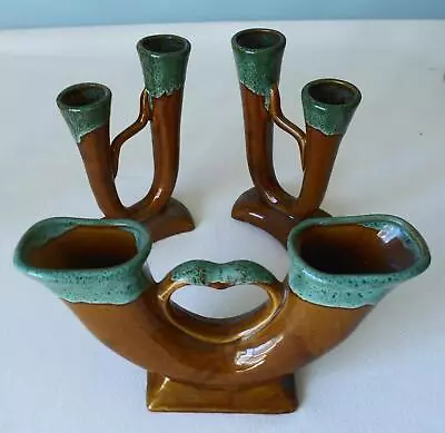 Vintage Van Briggle Pottery Drip Glaze Vase Double Spout W/2 Matching Bud Vases • $49.95