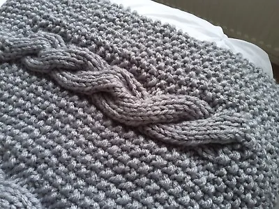 Grey Chunky Hand-knitted Cable And Moss Stitch Bed Runner/blanket • £35