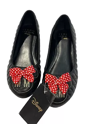 DISNEY MINNIE MOUSE QUILTED FLATS Size X-Large 11/12 Black Red Bow NWT • $40