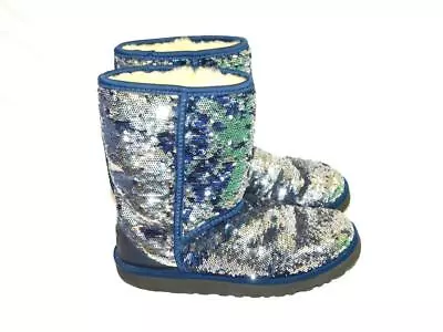 UGG Size 7 38 Blue Classic Short Sequin Sparkle Boots Shearling Lined Mid Calf • $34.99