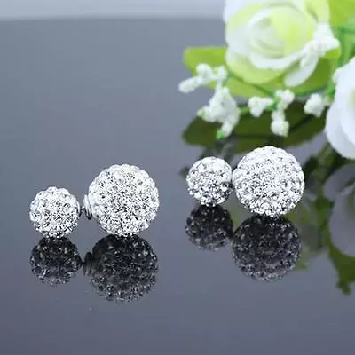 Crystal Ear Stud Jewelry Silver Plated Double Sided Balls Bead Earring Y^OR • $1.70