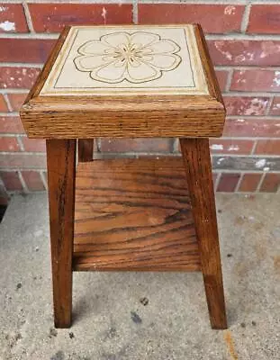 Vintage Oak Plant Stand Fern Stand Table Handmade 2 Shelves Tile Top • $113.99