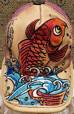 ED HARDY By CHRISTIAN AUDIGIER - RARE 'FISH' LEATHER BASEBALL CAP Size... • £350