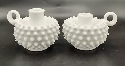 Fenton Hobnail Milk Glass Chamber Taper Candle Stick Holder Set Of 2 • $31.99