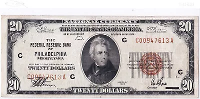 1929 $20 PHILADELPHIA PA Federal Reserve Bank Note Brown National Currency • $69.95