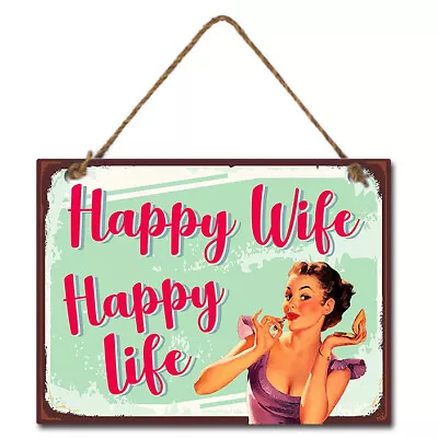 Country Tin Sign Wall Art Happy Wife Happy Life Plaque • £9.26