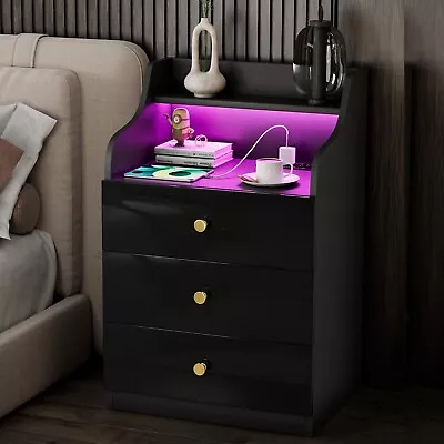 Nightstand With LED Light Charging Station 3 Deep Drawers & Shelves Black • $105.99