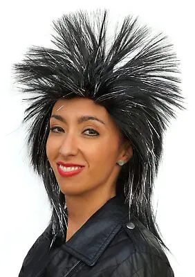 Rock Star Black Wig Silver Tinsel Punk Rocker Superstar 80s Long Hair Jett Spike • $12.95