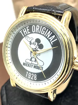 Disney Men's Watch Mickey Mouse 1928 Quartz 44mm Gold Black Leather WDS000607 • $29.69