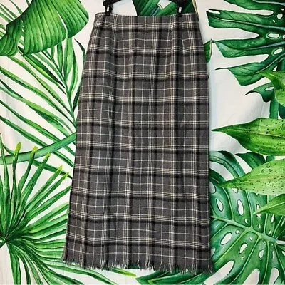 Harvé Bernard 28 Sport Vintage Preppy Wool Grey Plaid Fringe Hem Midi Skirt • $45.25