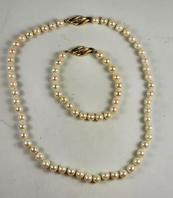 Vintage 14K Yellow Gold 2 Diamond Clasp 16  Pearl Necklace & 7  Bracelet Set • $62