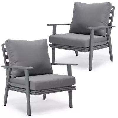 LeisureMod Walbrooke Outdoor Patio Grey Aluminum Armchairs Set Of 2 Gray • $980.30