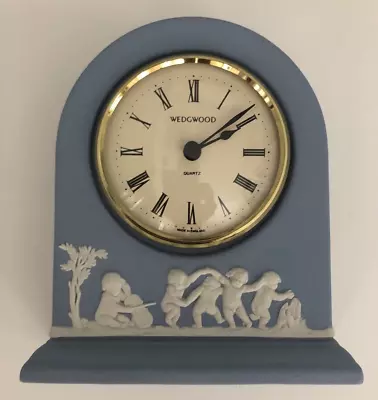 Signed Vintage Wedgwood Blue Jasperware Mantle Desk Domed Clock Cherubs • $118.81