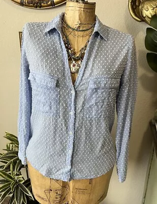 Zara Basic Baby Blue White Swiss Raised Polka Dot Button Down V Neck Blouse Sz S • $10