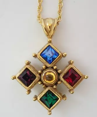 Joan Rivers Maltese Cross Long 28  Necklace W/ Multicolor & Cabochon Pendant • $69.95