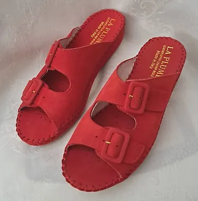 LA PLUME JEN RED SUEDE LEATHER Double Buckle/Strap Slip-on Sandals 39/US 8  NEW • $49.99