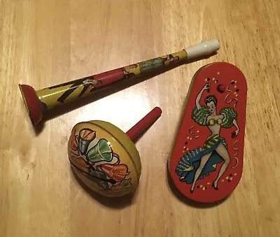 Lot Of 3 Vintage Tin Litho Noise Makers USA Bell Dancer T Cohn Circus • $24.50
