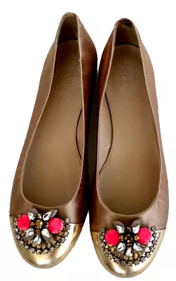 J.Crew Collection Nora Jeweled Cap Toe Ballet Flat Shoes Size 8.5 Leather Gold • $42.99