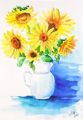 Sunflower Watercolor Flower In Vase Original Painting Van Gogh Artwork 12x8'' • $33