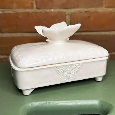 Vintage Jeanette Shell Pink Milk Glass Butterfly Trinket Cigarette Box Lid • $85